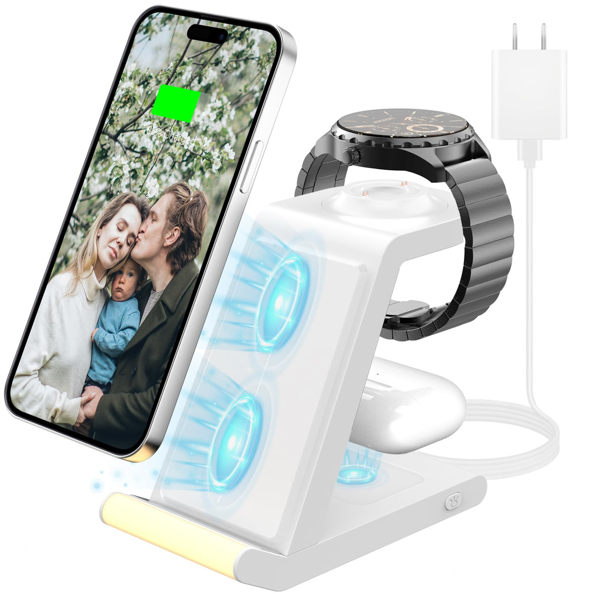 3-in-1 Wireless Charging Station for Phone, Earbuds and Fossil Watch, White