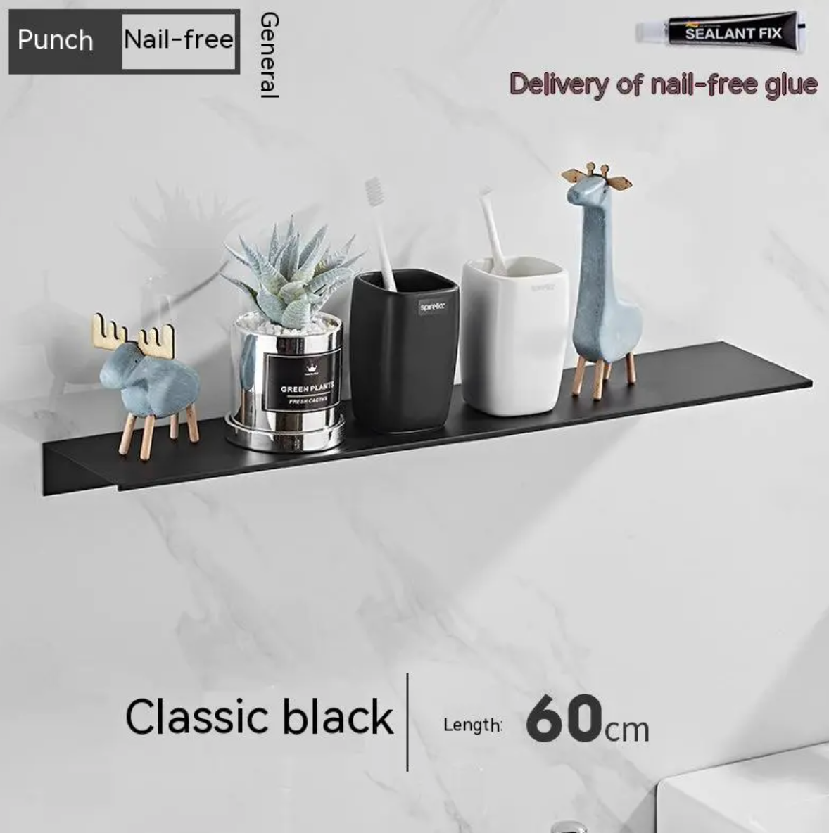 No-Drill Thickened Aluminum Wall Shelf, Holds Up to 15 kg