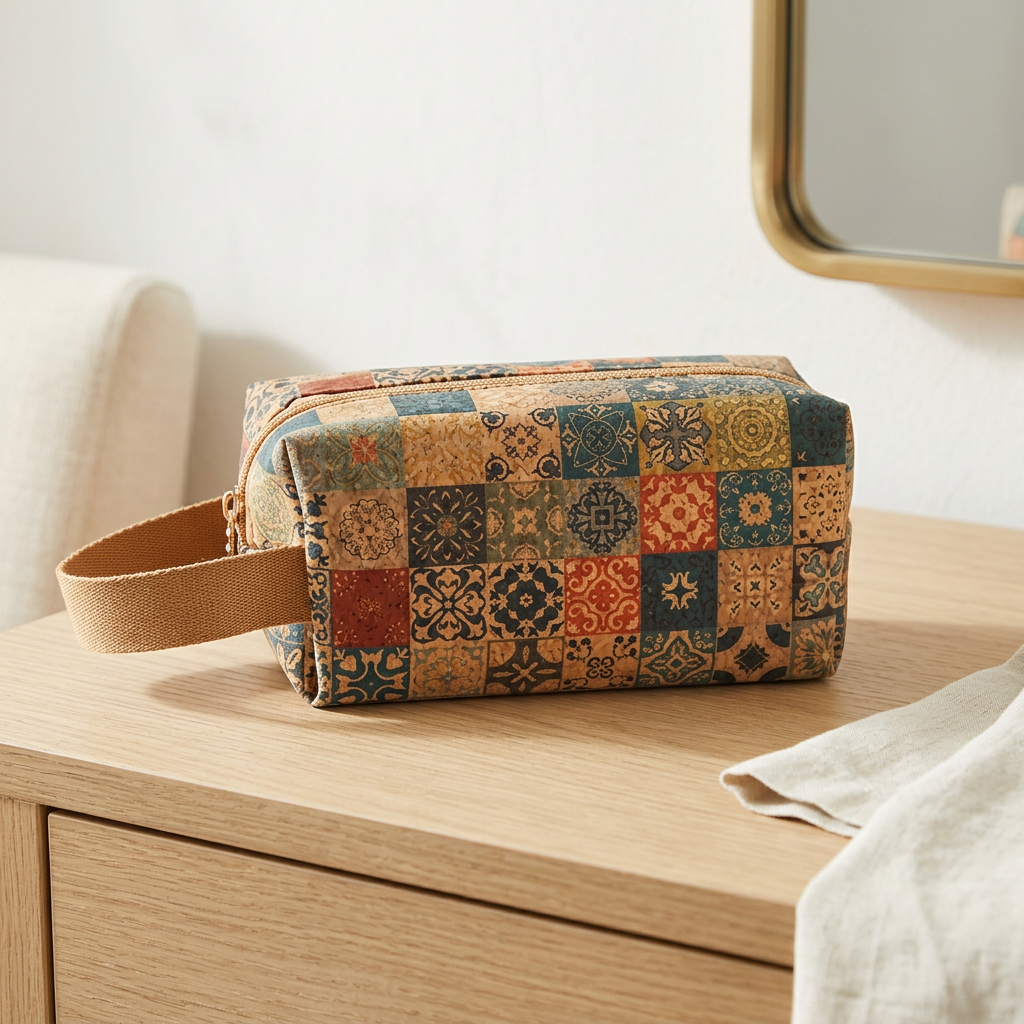 Boho Cork Makeup Bag, Floral Patchwork Pouch, 7.5 x 3.5 x 3.5 in