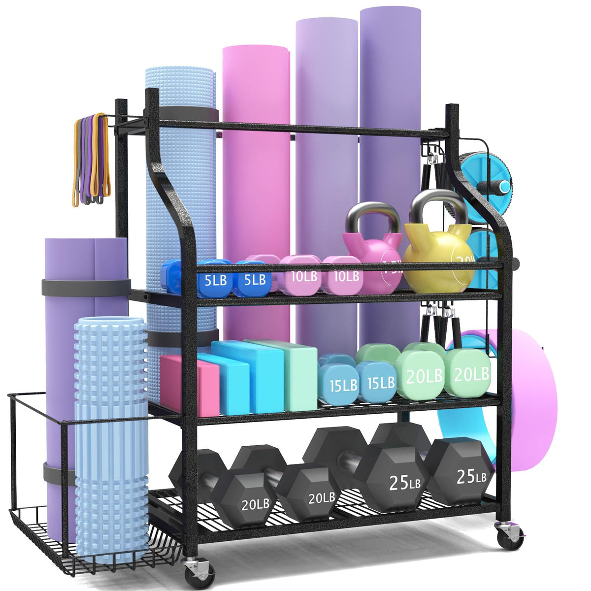 Home Gym Weight Rack with Wheels and Hooks, Holds Up to 450 lbs