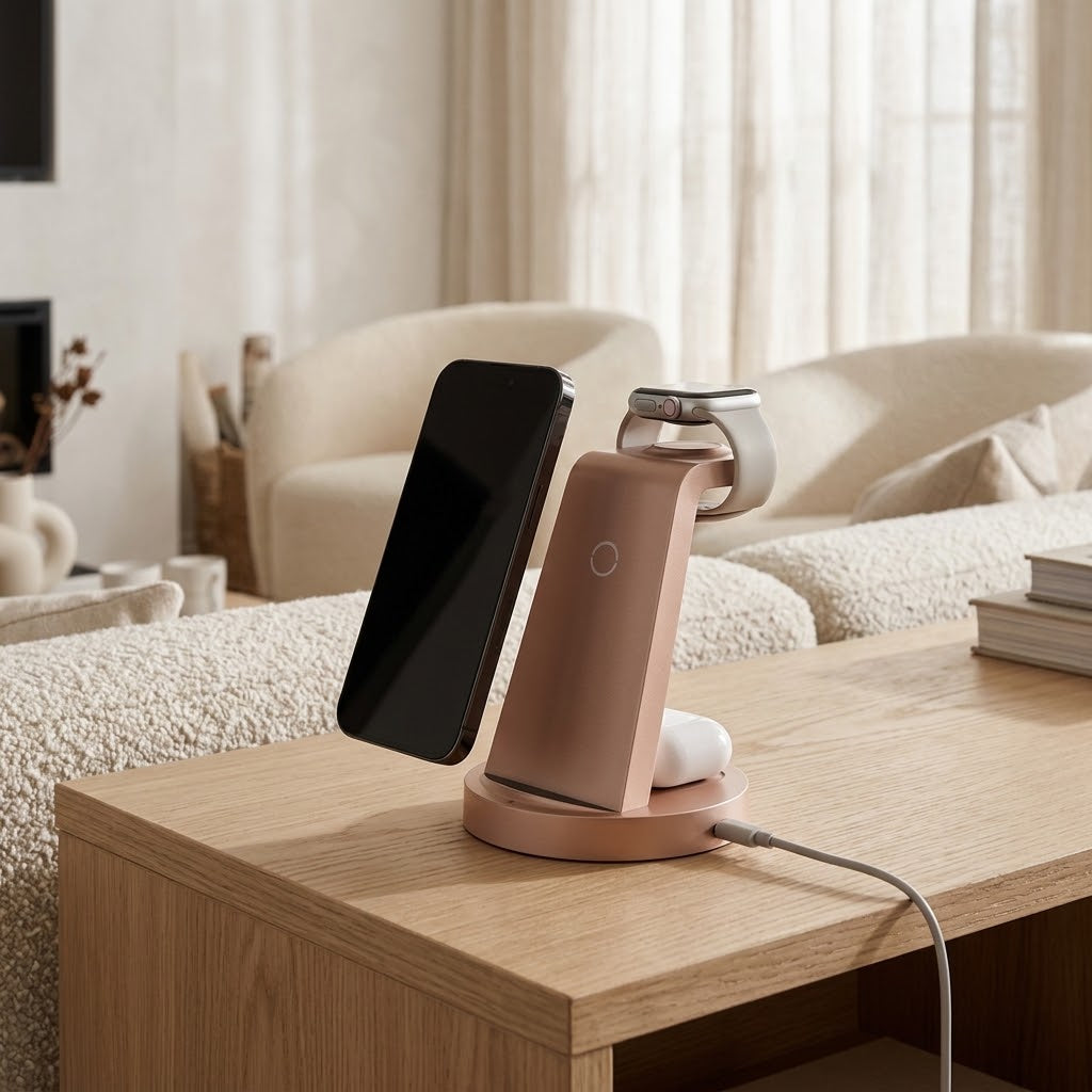 3-in-1 Wireless Charging Station with 18W Adapter, Rose