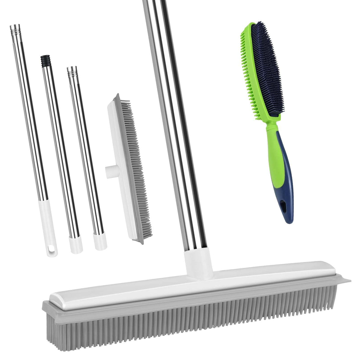 Dual-Sided Rubber Pet Hair Broom with Squeegee and Steel Handle