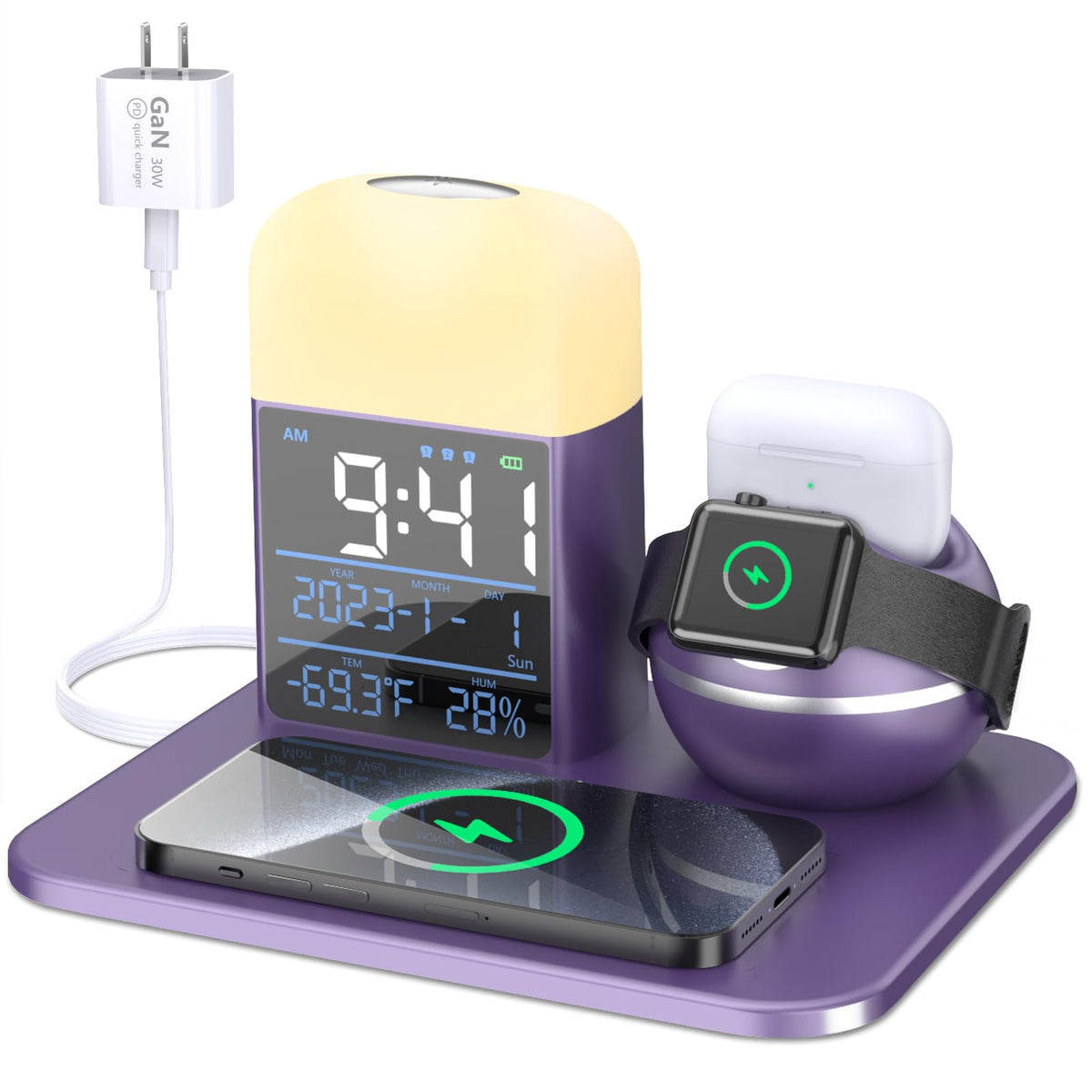 3-in-1 Charging Station with Alarm Clock and 9-Color Night Light, Purple