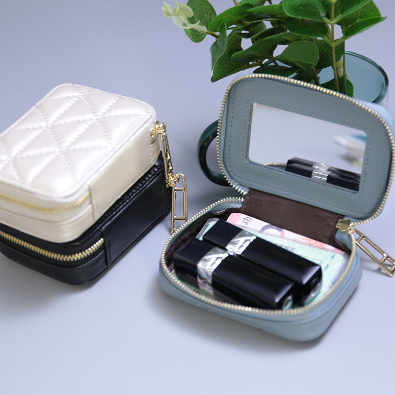 Square Leather Travel Makeup Case with Mirror, 5 Colors
