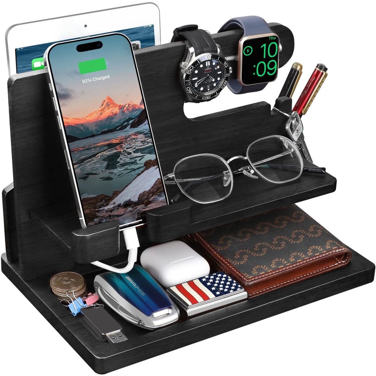 Solid Wood Phone Docking Station with Watch Stand and Tray, Black