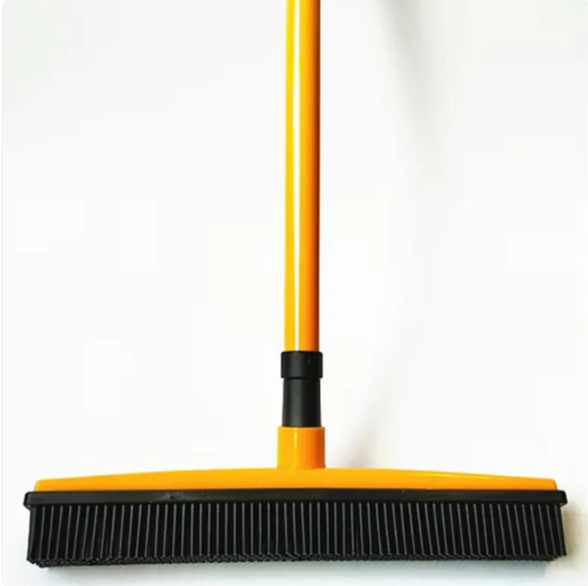 Rubber Pet Hair Broom with Flat Scraper Head and 3-Section Handle