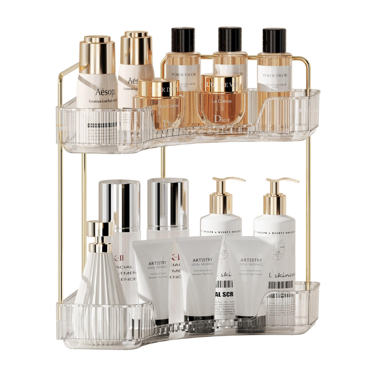 2-Tier Corner Vanity Organizer, Clear Tray, Fits 90-Degree Corners