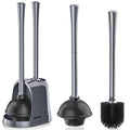 Toilet Plunger and Silicone Brush Set with Ventilated Holder, Gray
