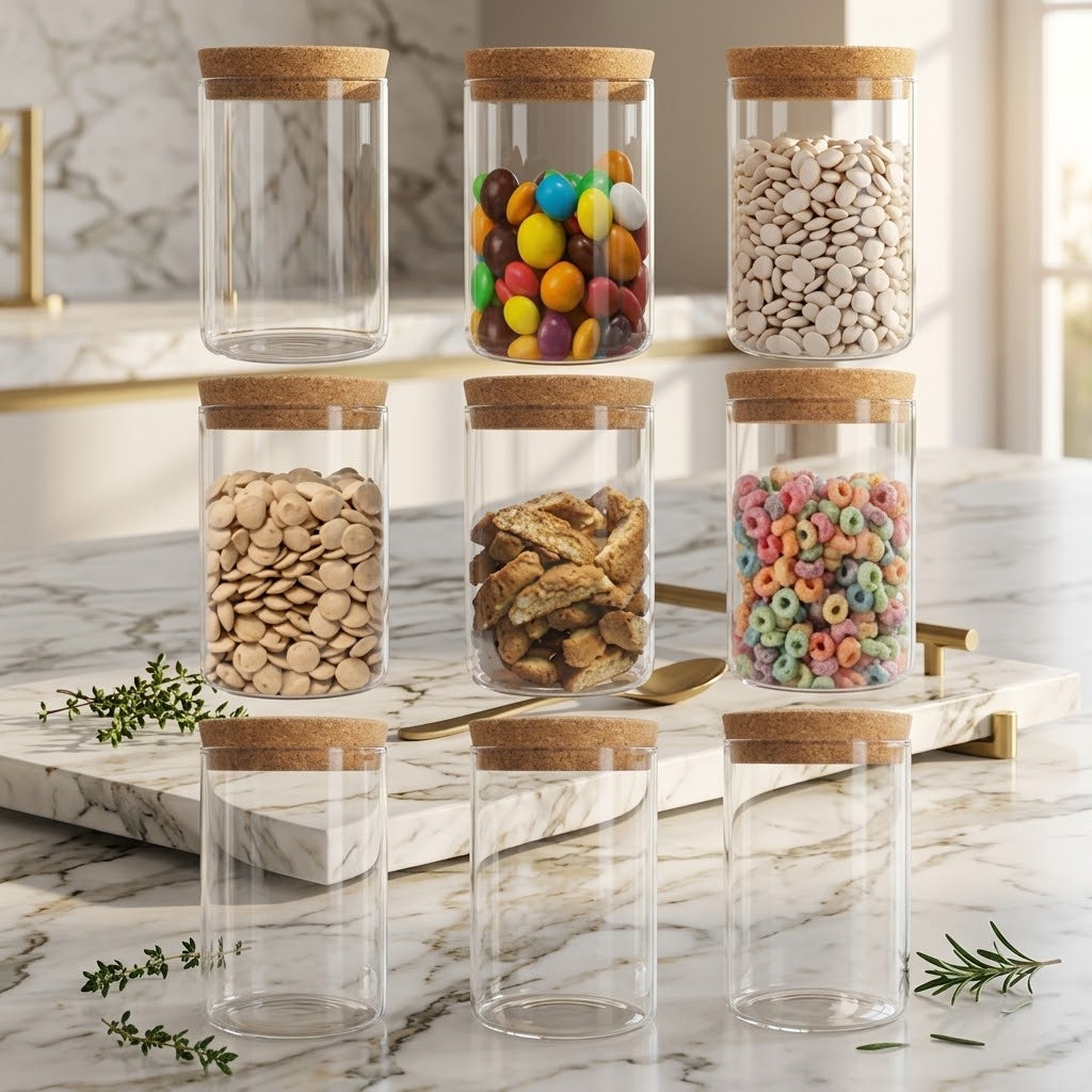 Borosilicate Glass Storage Jars with Cork Lids, 21 oz, 9-Piece Set