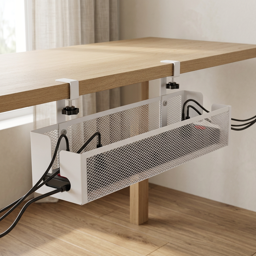 Mesh Under-Desk Cable Tray with Side Opening, 15.7 in, White