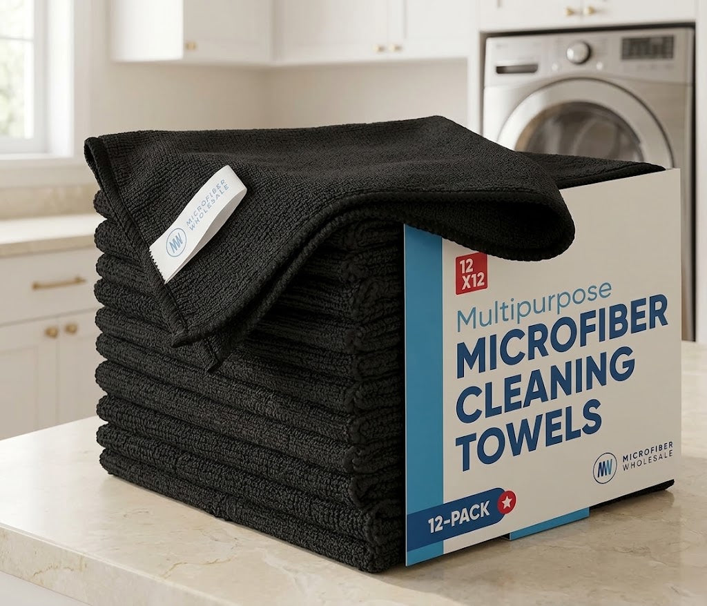 Stitched-Edge All-Purpose Microfiber Cloths, 11 in, 12-Pack, Black
