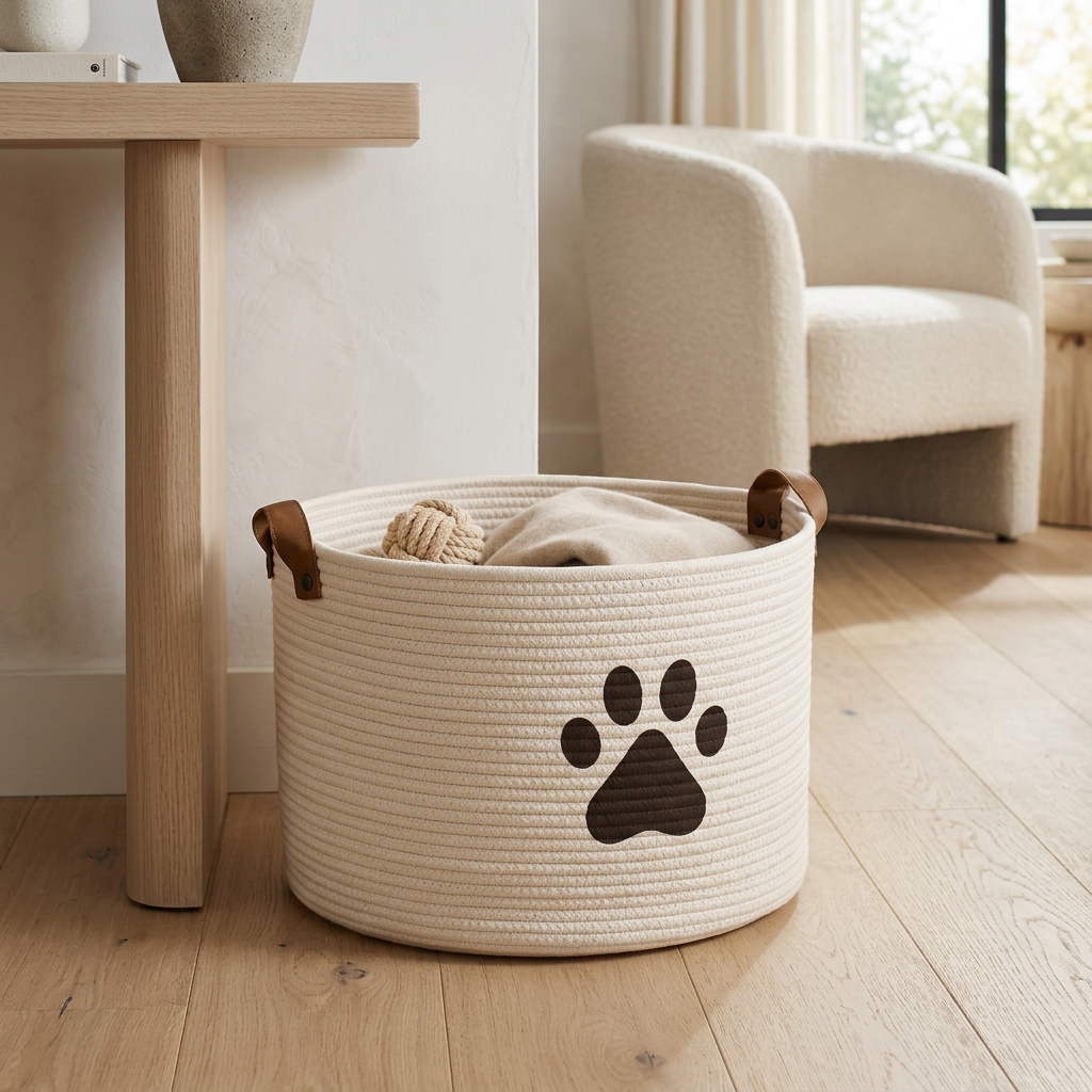 Round Woven Rope Pet Toy Basket, 15.7 x 10.6 in, Beige