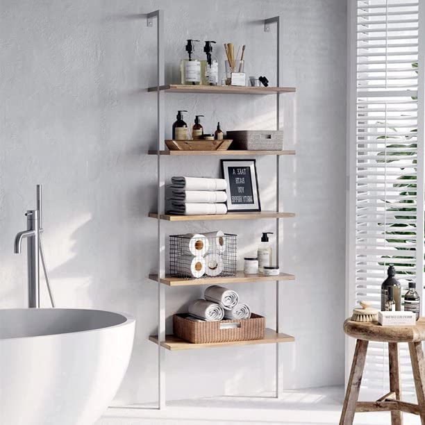 5-Tier Ladder Shelf Bookcase, Metal Frame, 70.87 in, Oak and White