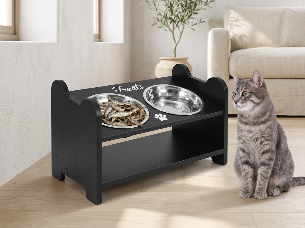 Wood Raised Cat Bowl Stand with 15 Degree Tilt and 2 Steel Bowls