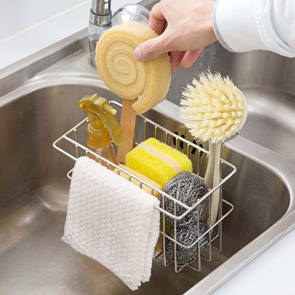 Compact Metal Kitchen Sink Caddy & Sponge Holder, No-Drill