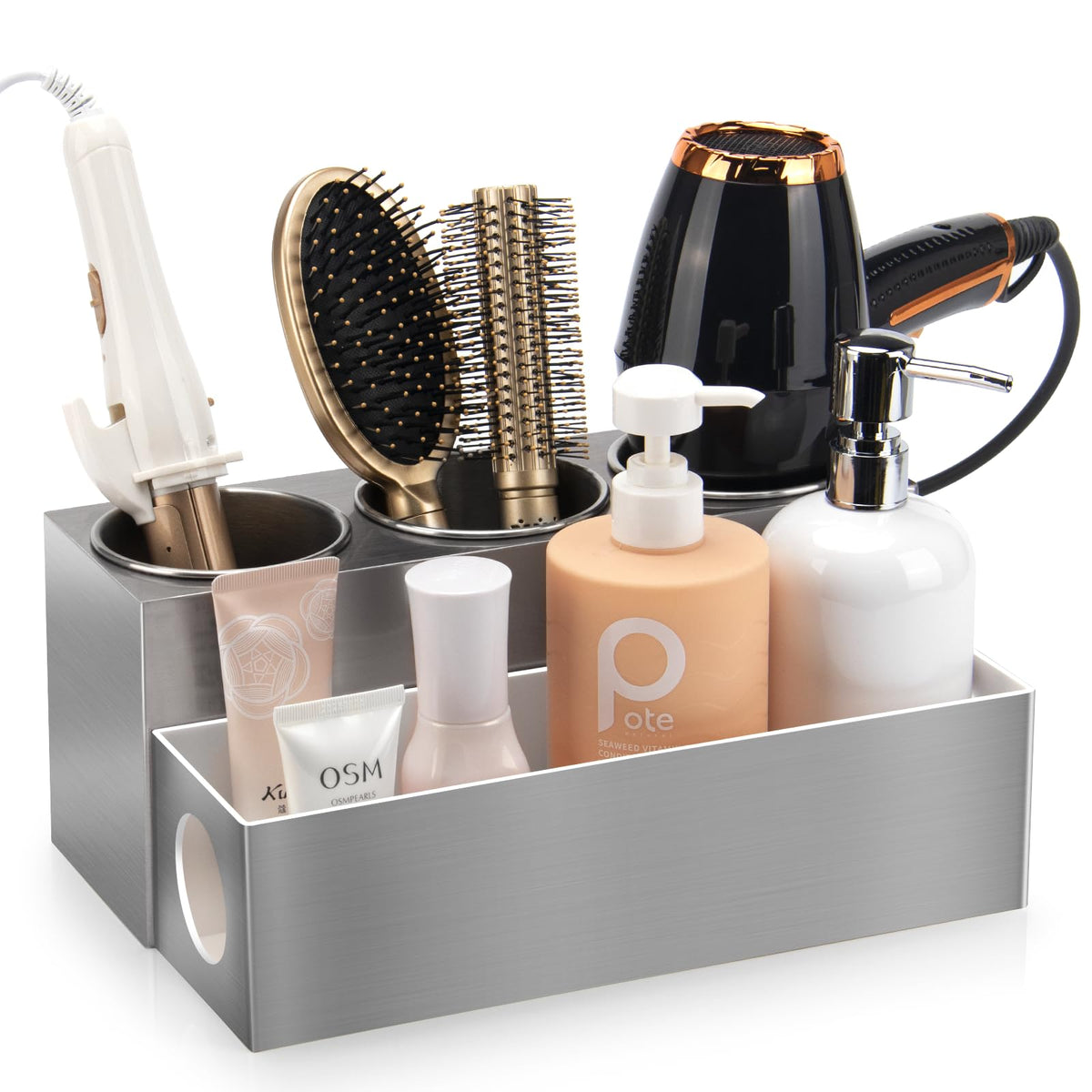 Stainless Steel Hair Tool Organizer with 3 Cups and Tray, Silver