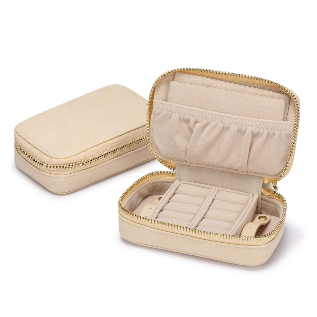 Small Travel Jewelry Case with 14 Necklace Hooks and 12 Ring Slots, Cream