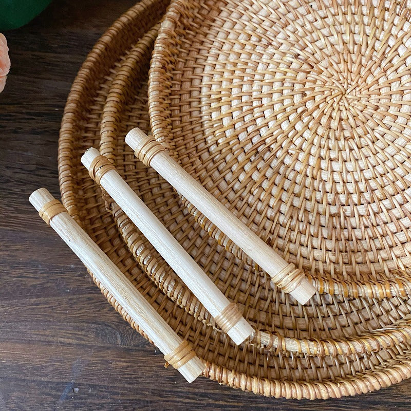 Woven Rattan Snack Basket with Wooden Handle, Small to Large