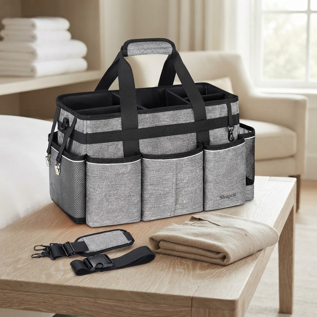 Large Wearable Cleaning Caddy with 4 Foldable Dividers, Grey
