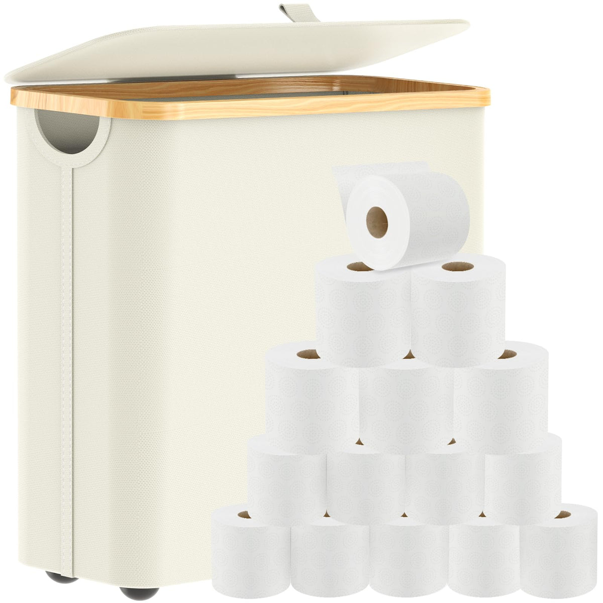32L Natural Fiber Toilet Paper Storage Basket with Lid, Holds 12-20 Rolls