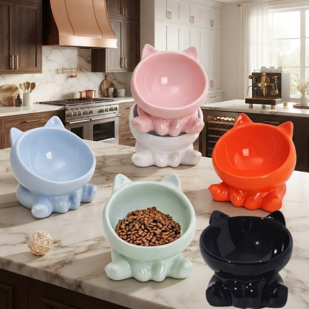Elevated Tilted Ceramic Cat Bowl with Neck Guard