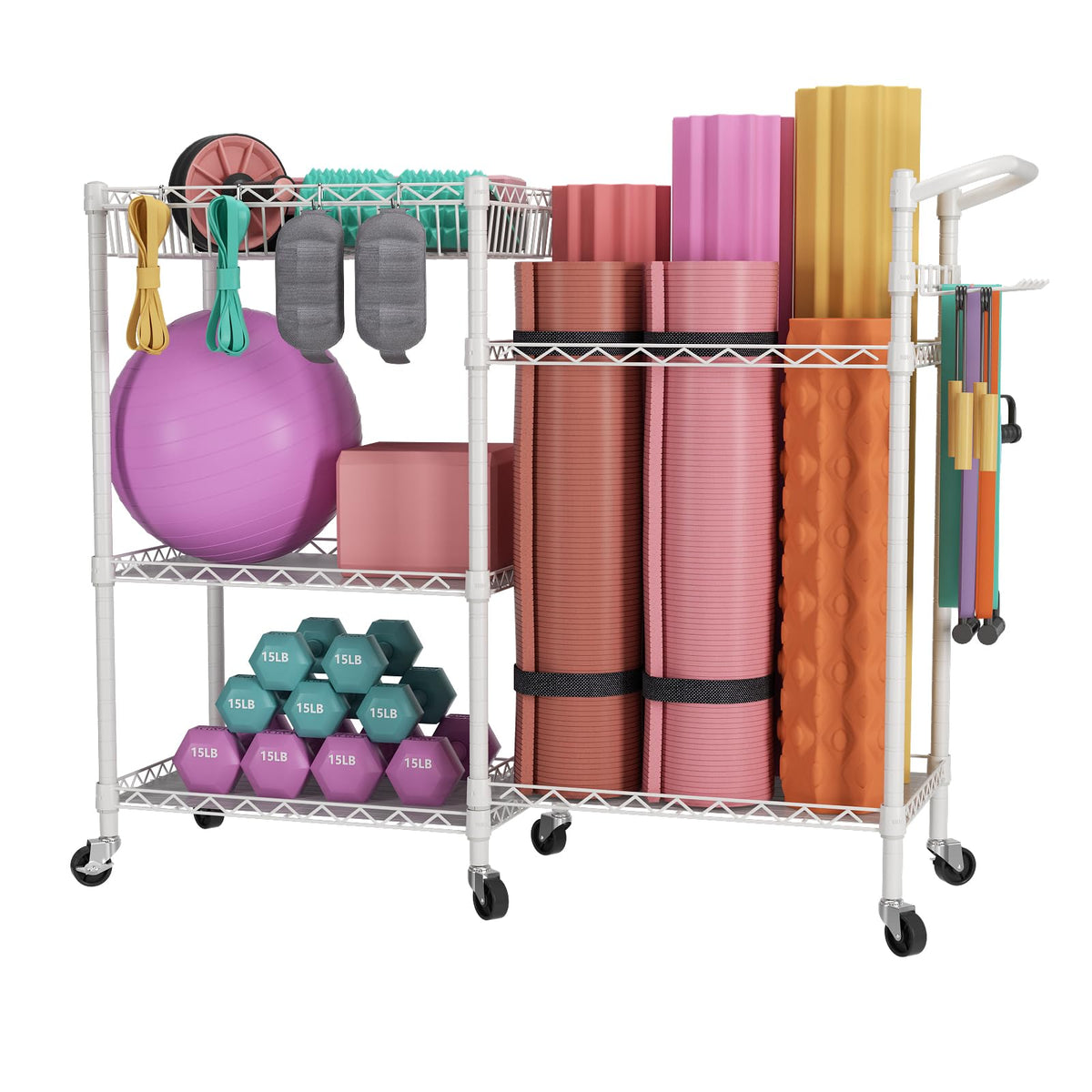 Rolling Dumbbell and Yoga Mat Rack with 3 Mesh Shelves and 4 Hooks