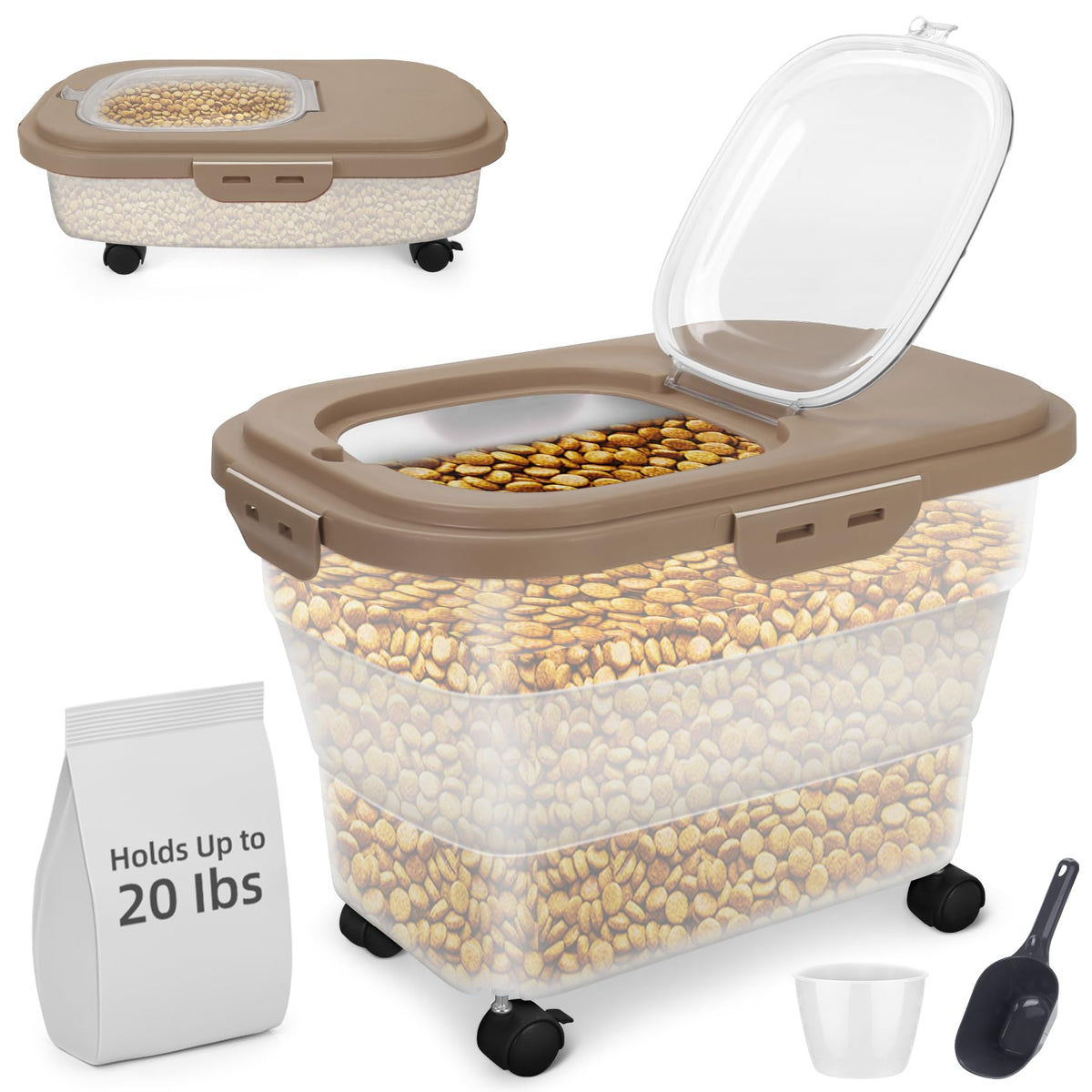 Collapsible Airtight Pet Food Container with Wheels, Scoop and Cup, Khaki
