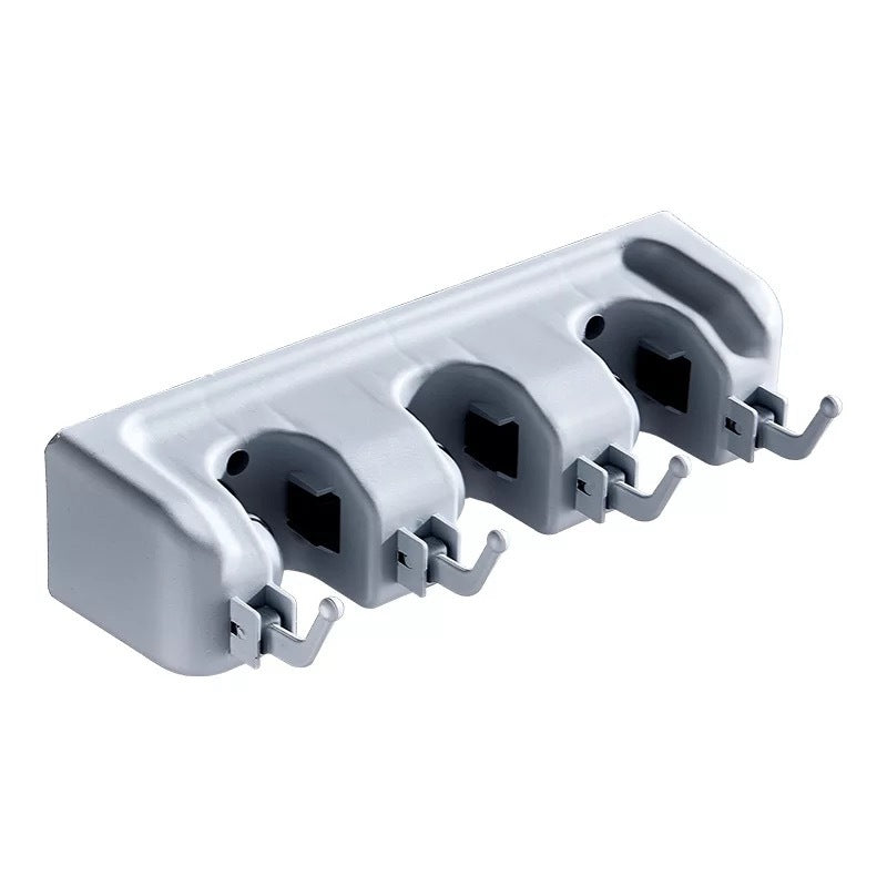 Wall-Mounted Mop and Broom Holder with Hooks, Grey