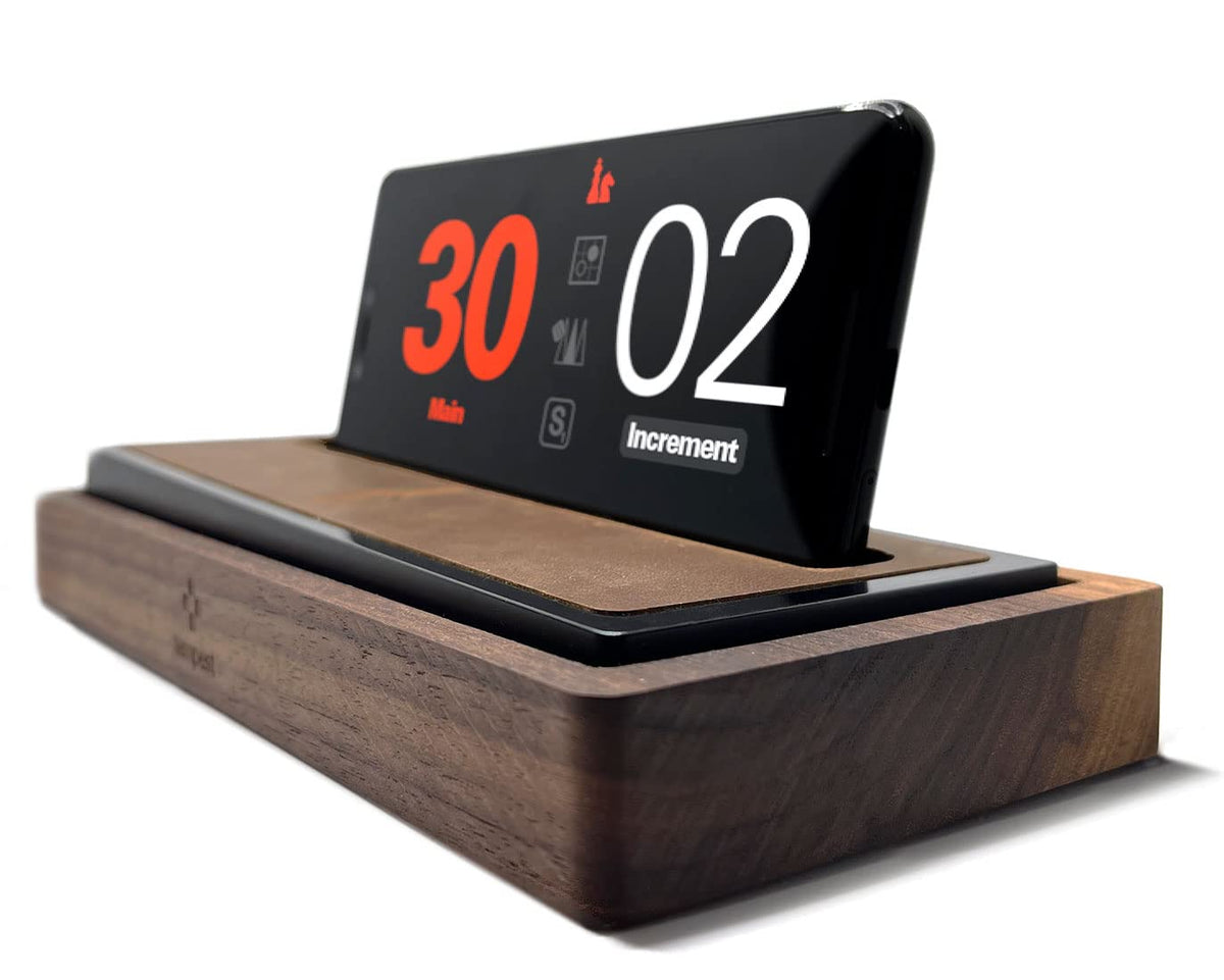 Walnut and Leather Chess Clock Phone Dock with Game Timer App