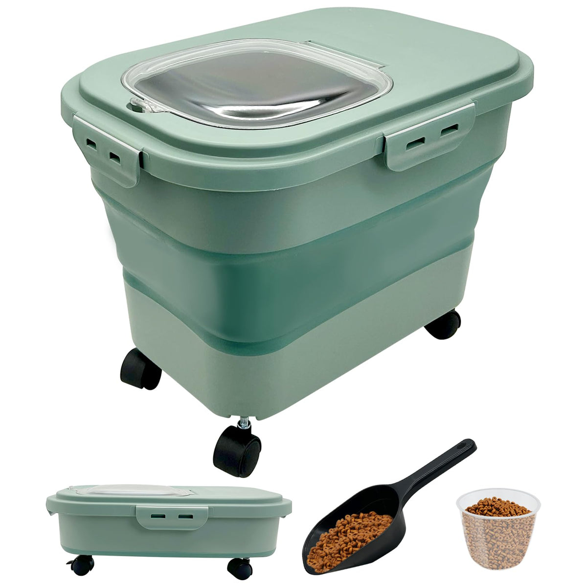 Collapsible Pet Food Bin with Wheels, Scoop and Cup, 20 lb, Light Green