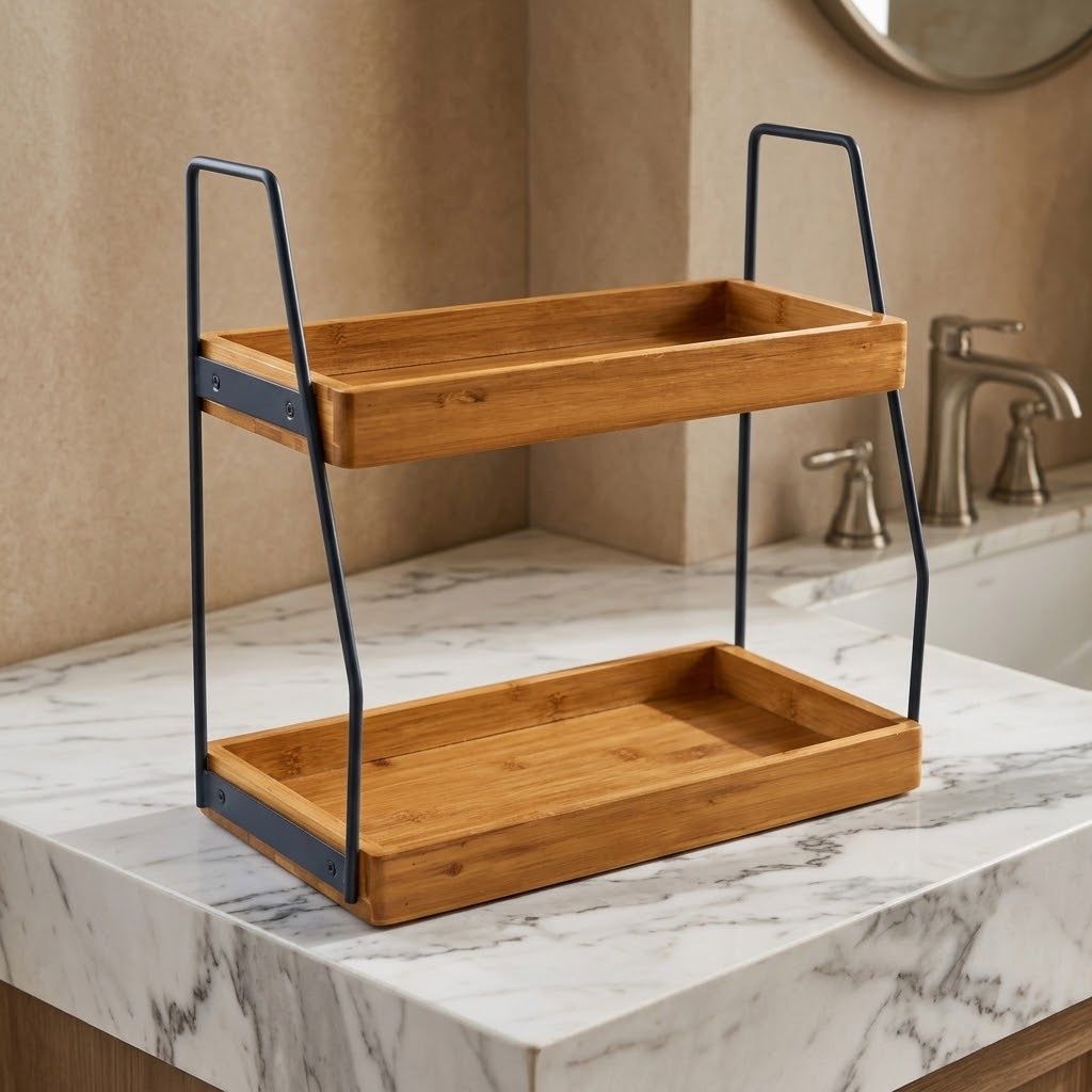 2-Tier Acacia Wood Countertop Organizer with Handle, 14 x 6.7 in