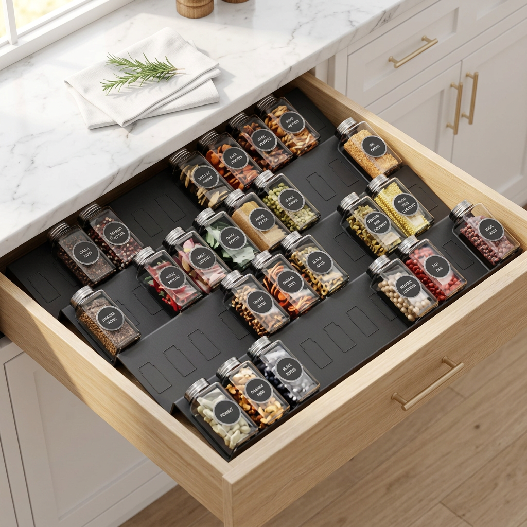 Expandable 8-Tier Spice Drawer Organizer, Holds 48 Jars, Black