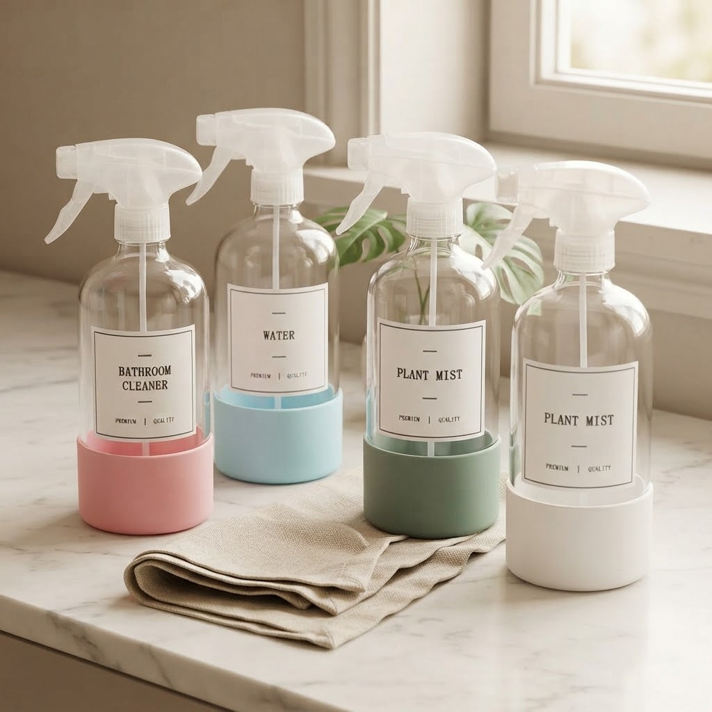 Glass Spray Bottles with 3-Mode Nozzles and Labels, 16 oz, 4-Pack