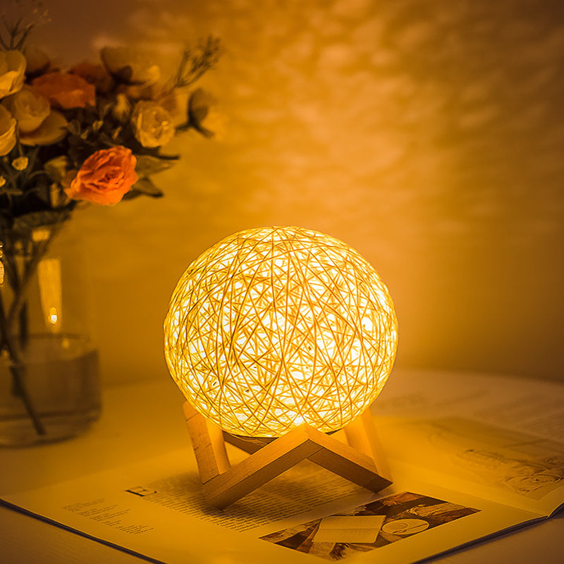 Rattan Ball LED Table Lamp, USB, Warm White, 15 cm