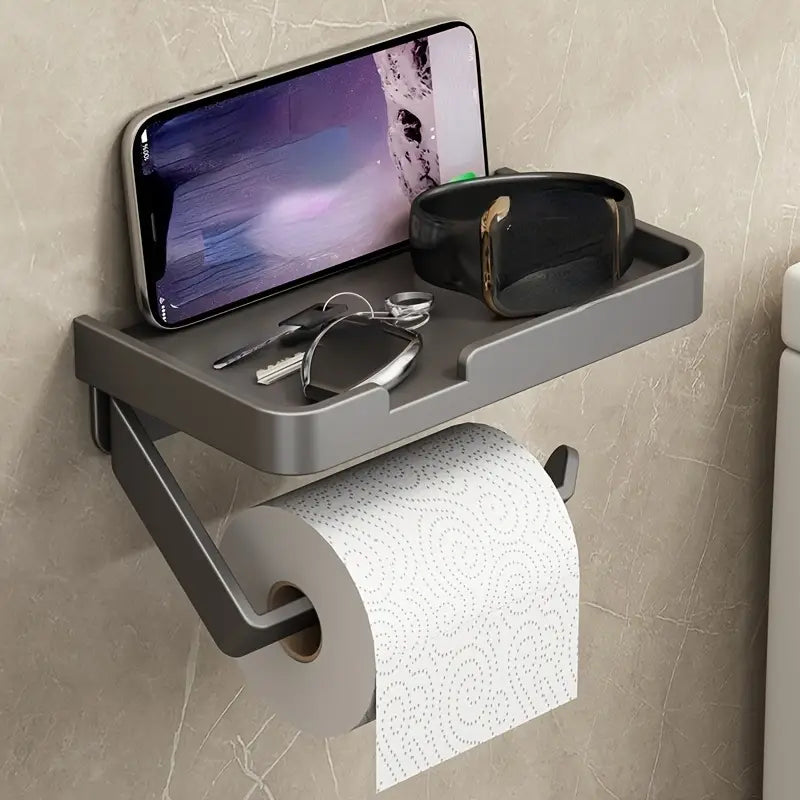 Aluminum Toilet Paper Holder with Phone Shelf, Grey or Black