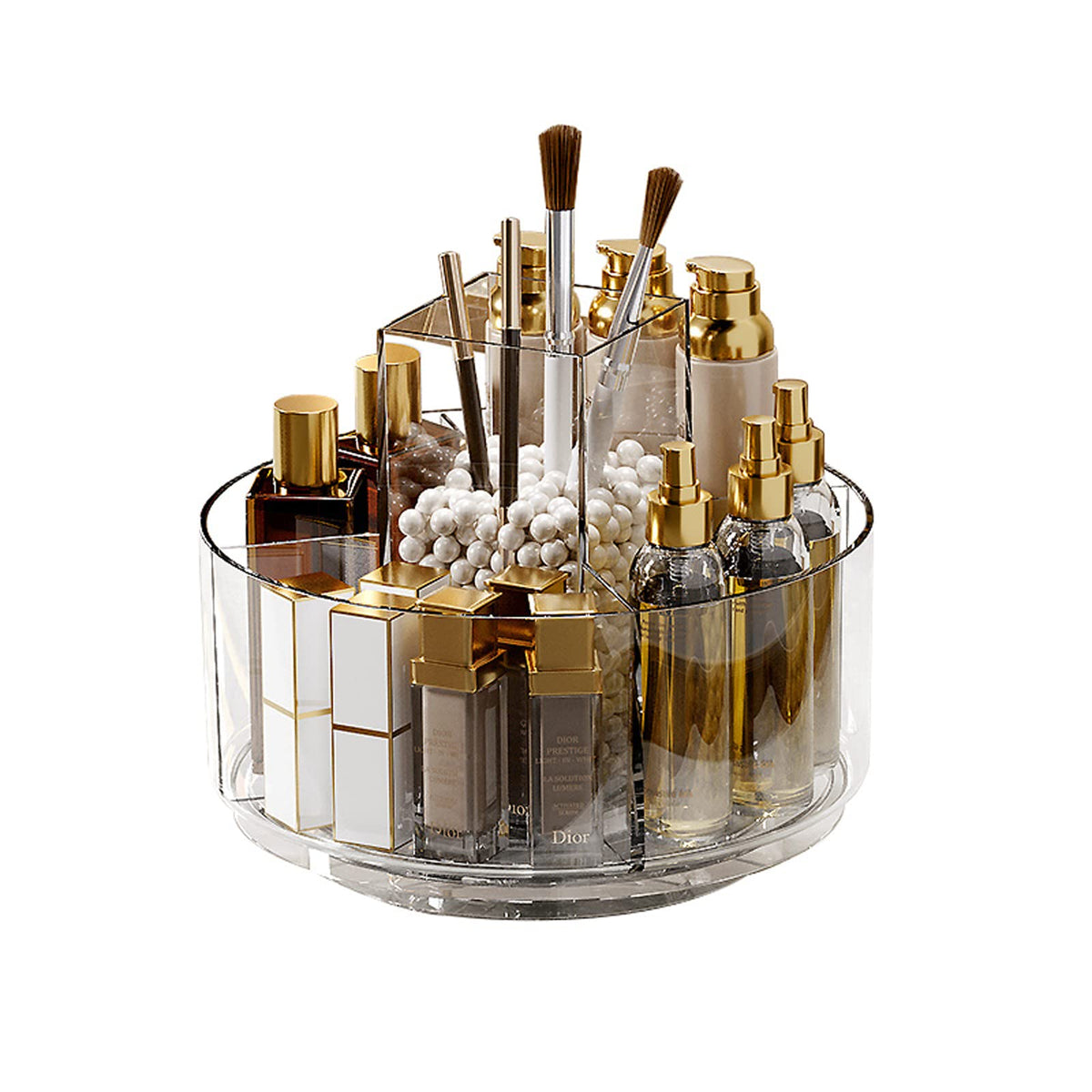 360° Rotating Clear Makeup Organizer with 5 Sections and Brush Holder