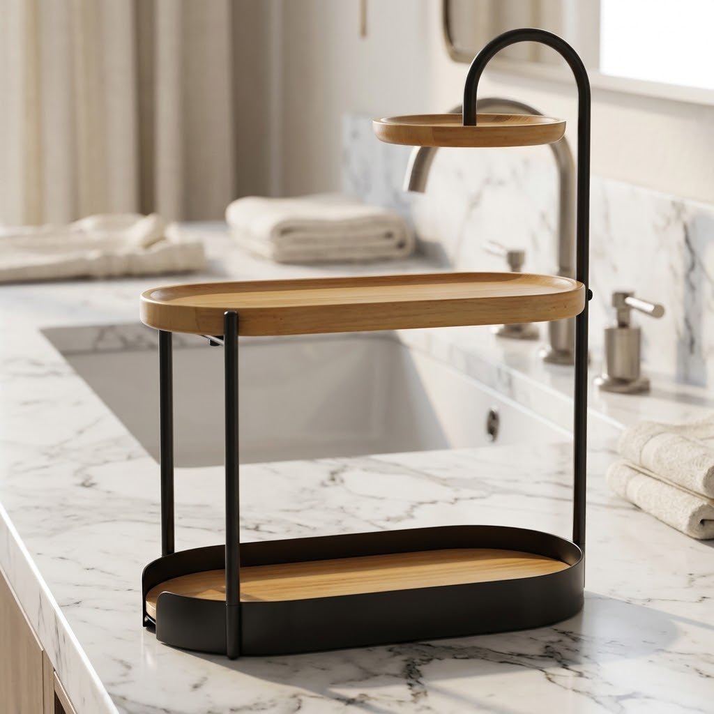 3-Tier Pine Wood and Iron Vanity Organizer with Jewelry Disc