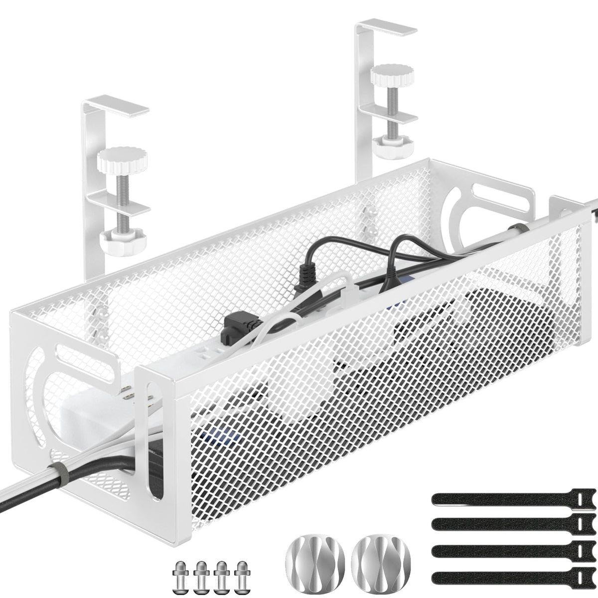 Side-Opening Mesh Under-Desk Cable Tray, No-Drill, White