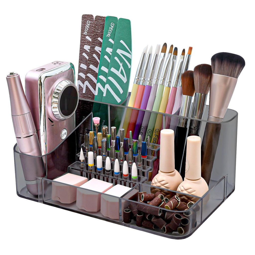 28-Hole Acrylic Nail Drill and Bit Holder, 4 Compartments, Grey
