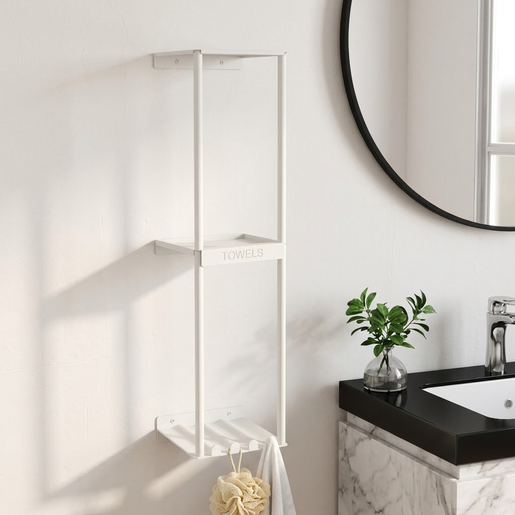 3-Tier Wall-Mounted Towel Rack for Rolled Towels with 4 Hooks, White
