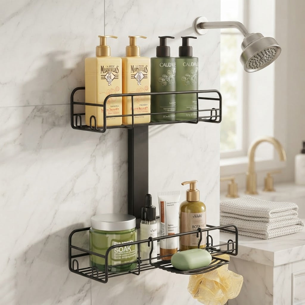 Adjustable No-Drill Shower Caddy, Stainless Steel and Aluminum, 40 lb