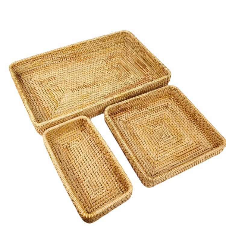 Woven Rattan Desktop Storage Tray, Japanese Style, 4 Sizes