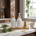White Soap Dispenser Set with Bamboo Pumps, Tray and Brush, 4-Piece