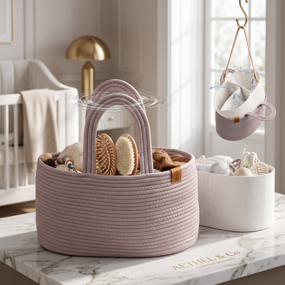 2-in-1 Cotton Diaper Caddy with Water-Resistant Lining and Rope Handles