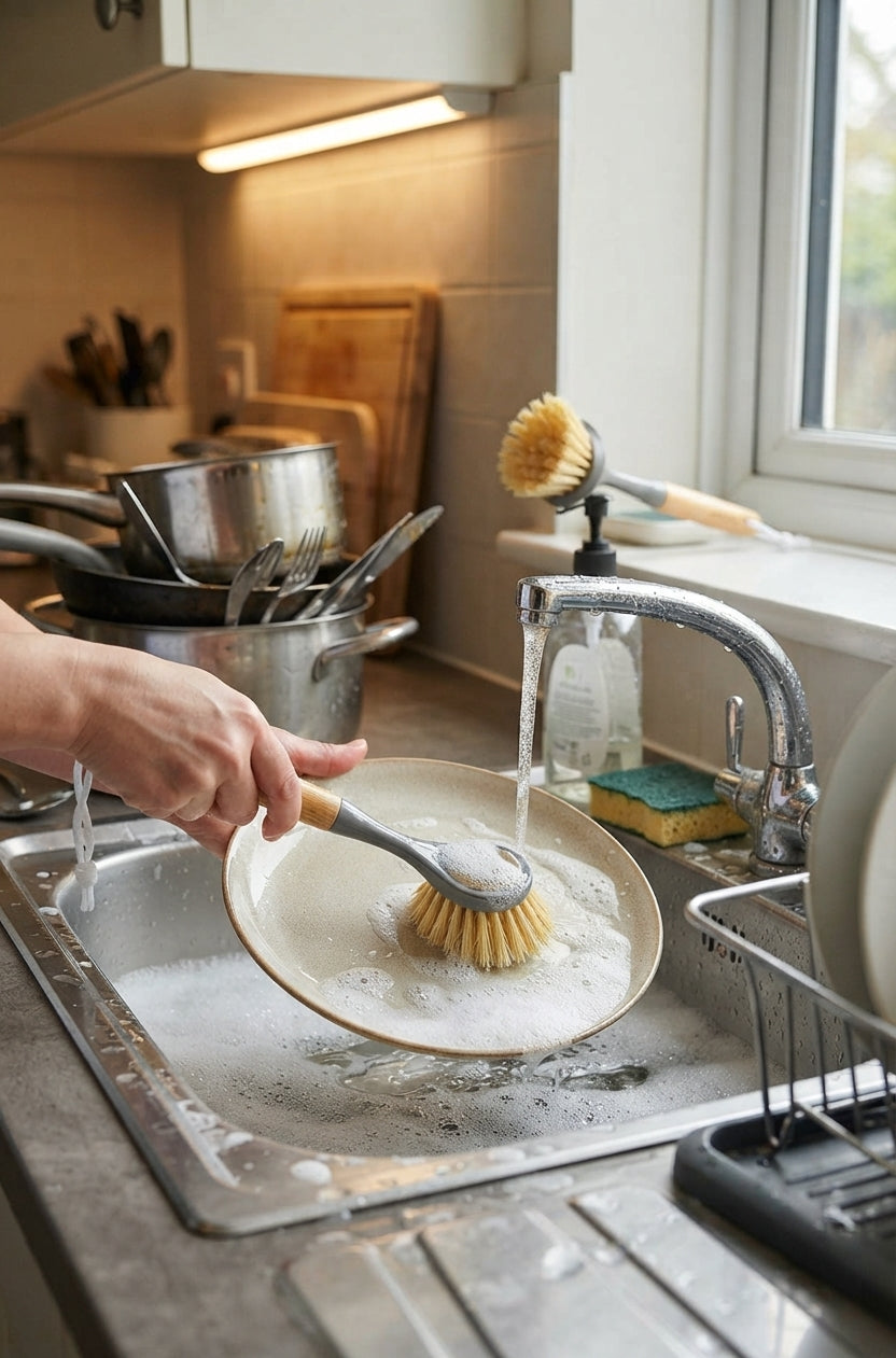 Bamboo Handle Dish Brushes with Built-In Scraper, 2-Pack, Gray