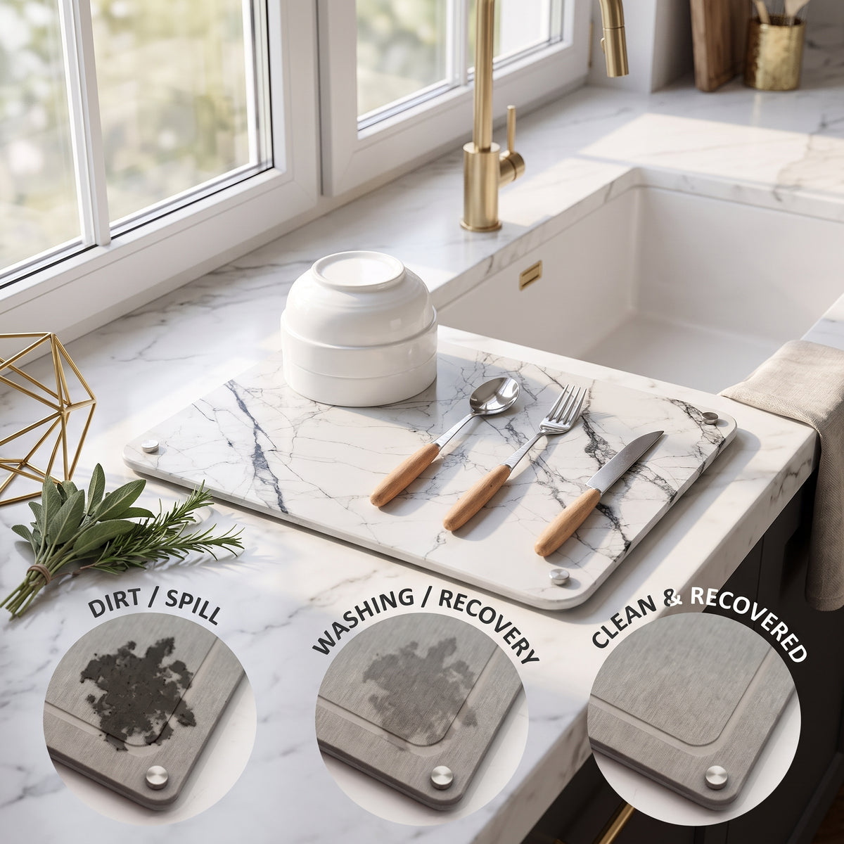 Diatomaceous Earth Dish Drying Stone, Marble White