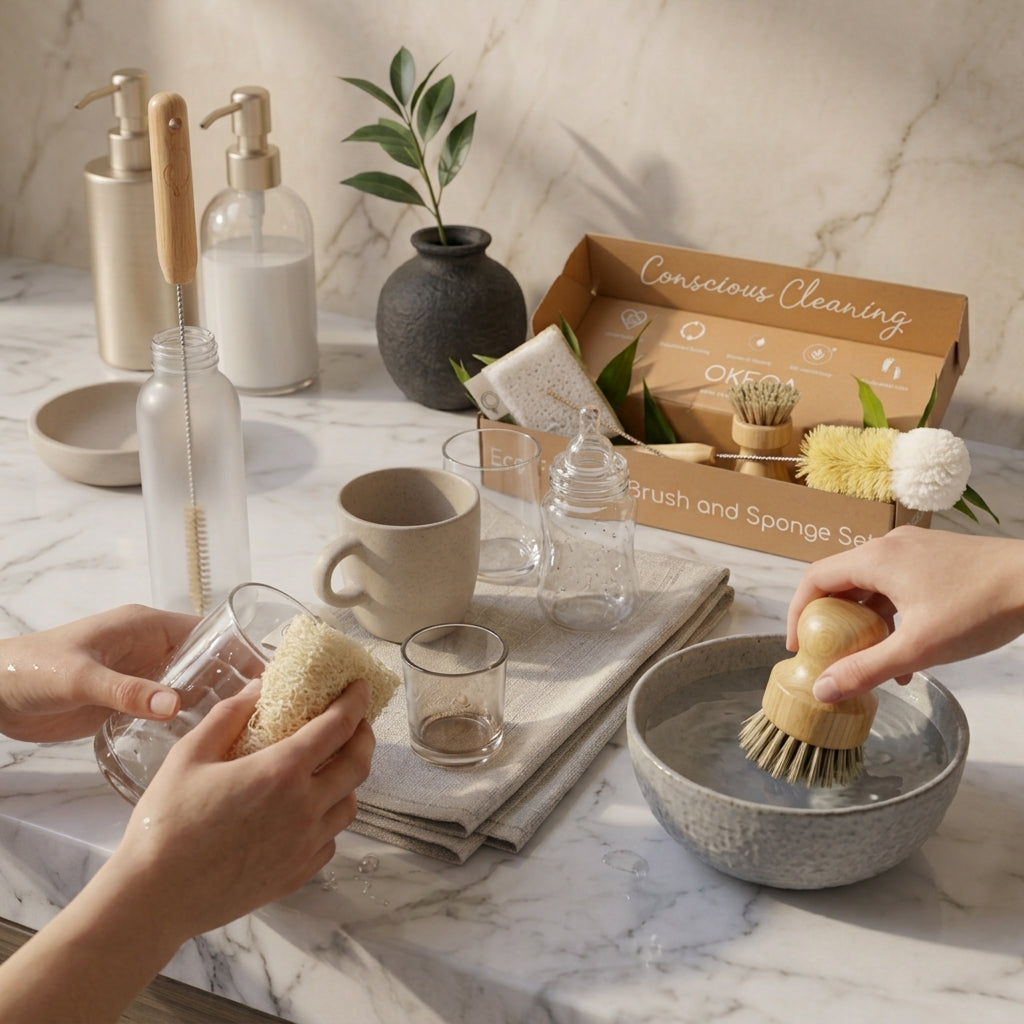 Bamboo Dish Brush Set with Plant Fiber Sponge and Bottle Brush