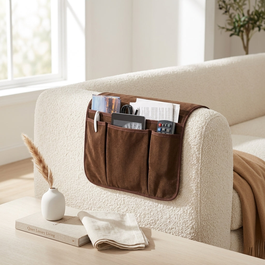Thick Linen Bedside Caddy with 4 Pockets and Non-Slip Board, Brown