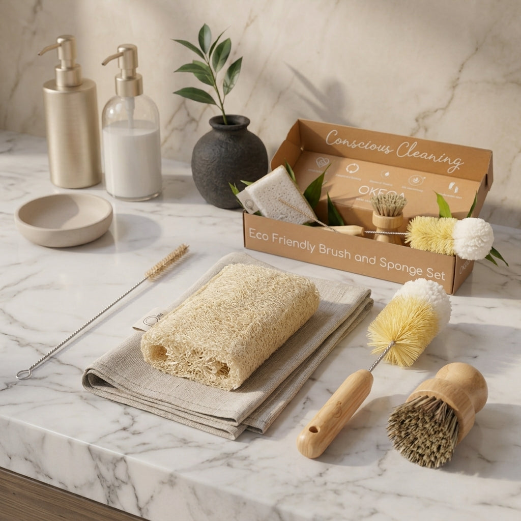 Bamboo Dish Brush Set with Plant Fiber Sponge and Bottle Brush