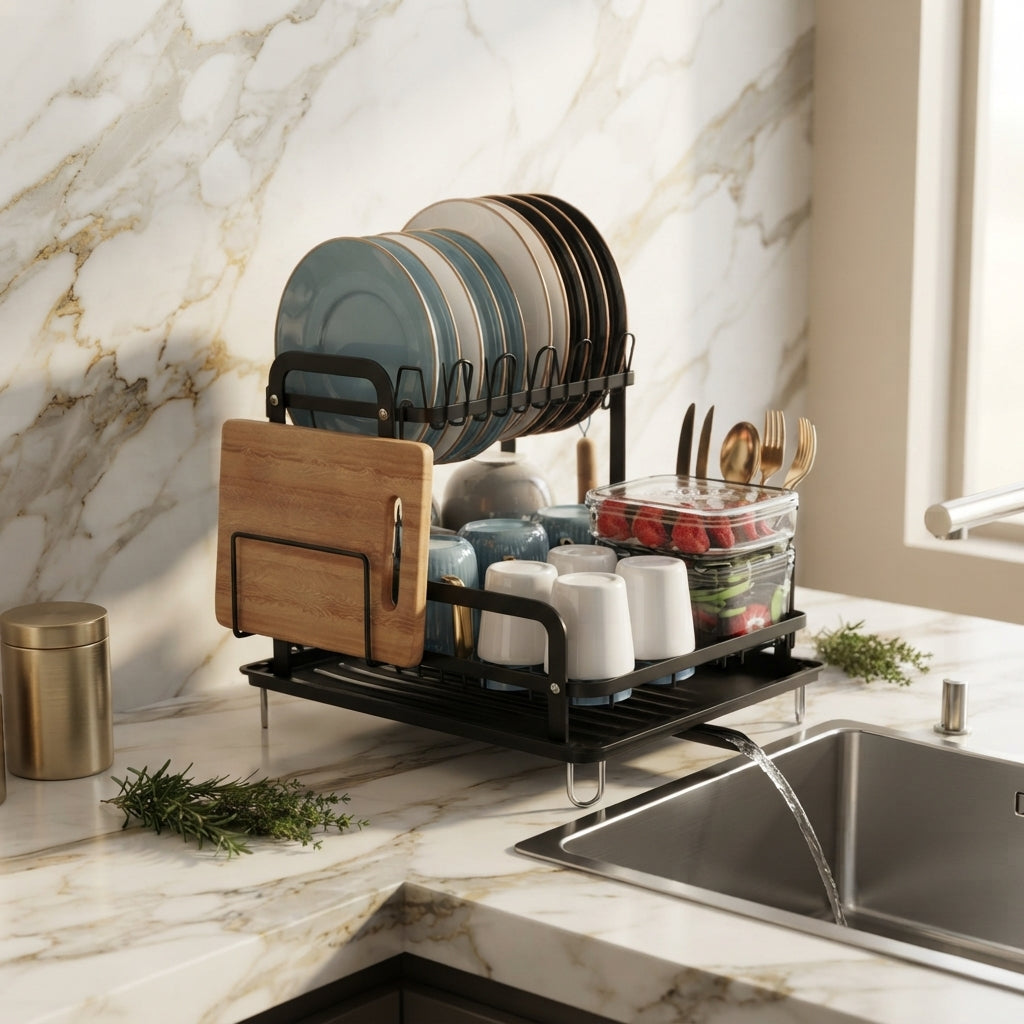 2-Tier Dish Drying Rack with Drainboard, Board Rack and Cup Rack
